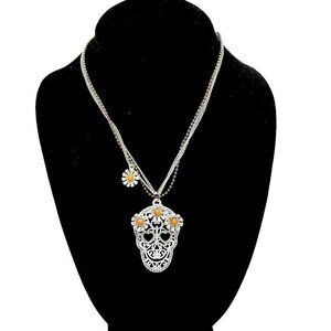 Betsey Johnson Flower Child White Skull Daisies Pendant Multi-Chain Necklace